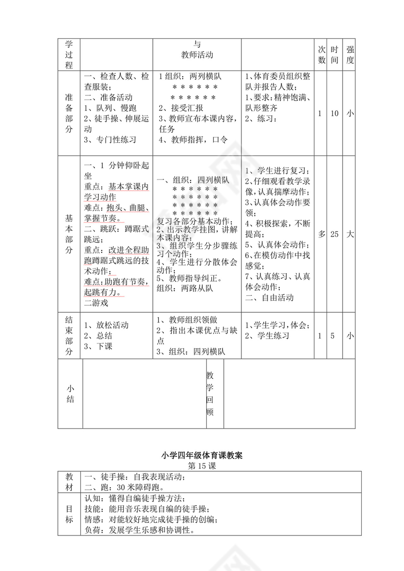 白色简洁小学体育教案学校教师教学教案模板