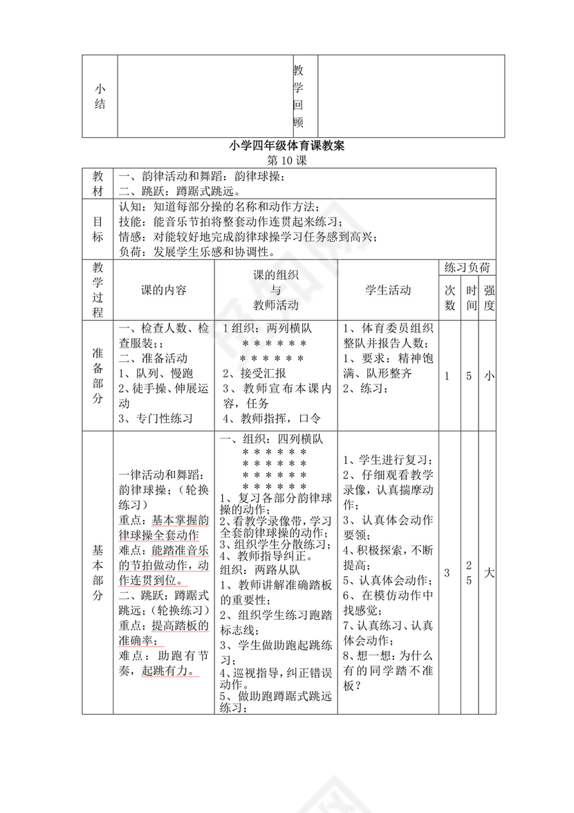 白色简洁小学体育教案学校教师教学教案模板