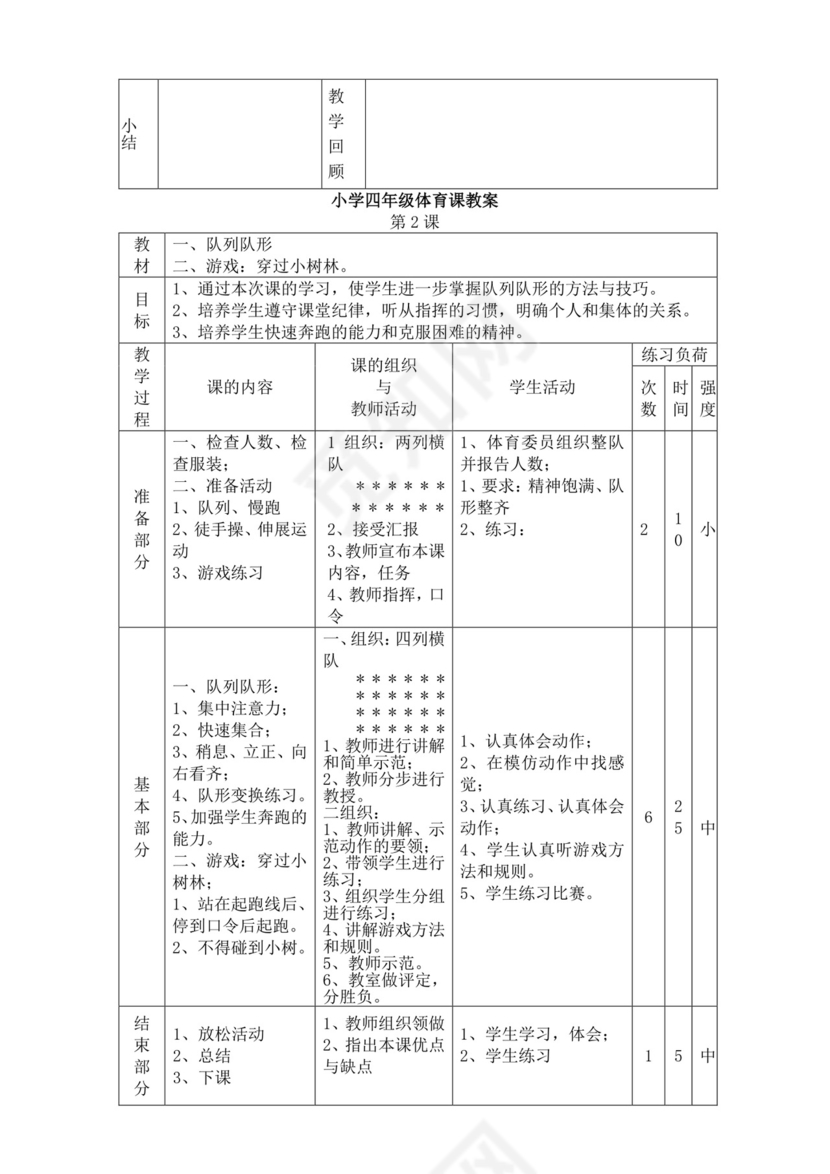 白色简洁小学体育教案学校教师教学教案模板