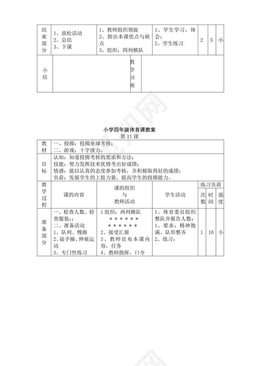 白色简洁小学体育教案学校教师教学教案模板
