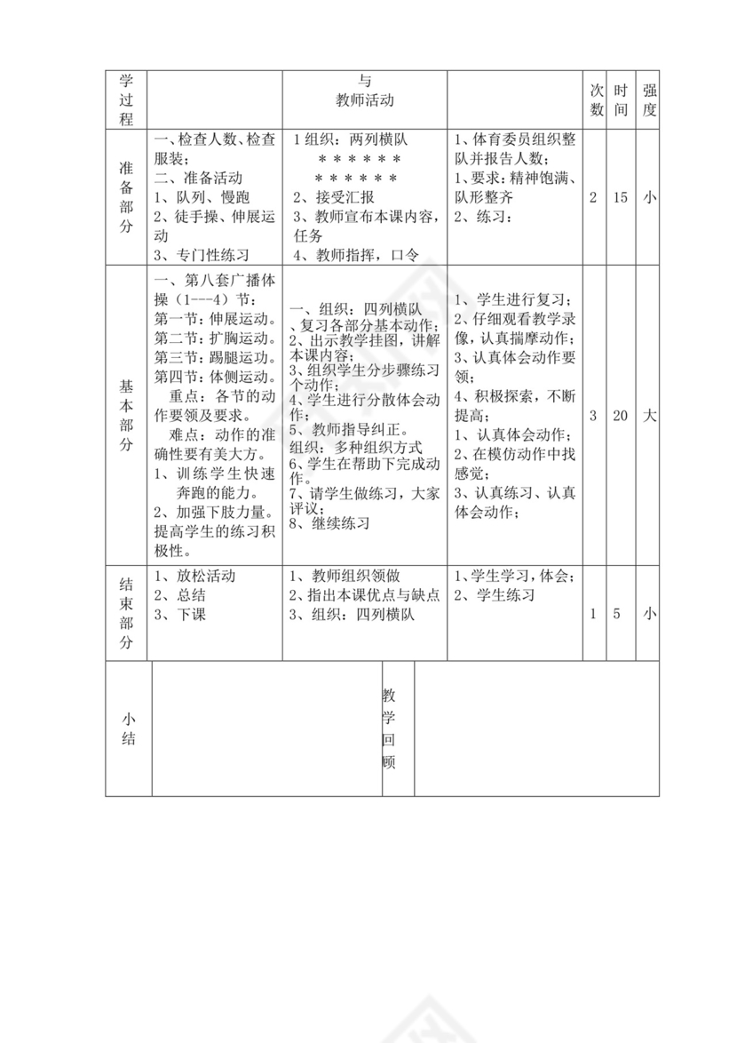 白色简洁小学体育教案学校教师教学教案模板
