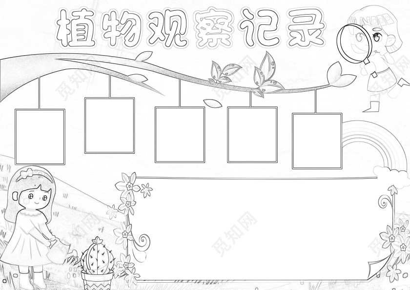 绿色卡通植物观察记录小报手抄报空白小报植物生长空白