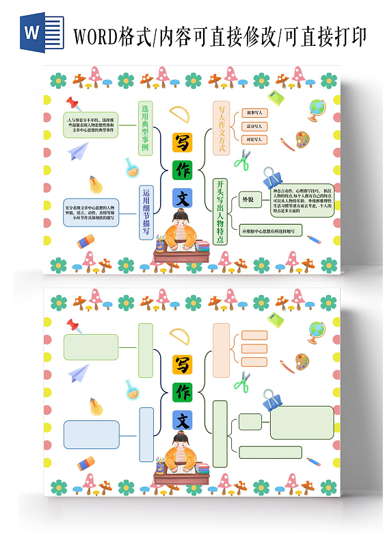 花朵边框卡通语文写作文思维导图卡通小报手抄报语文思维导图