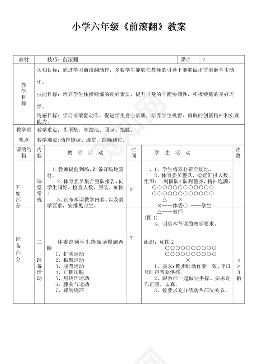 小学前滚翻教案体育教案