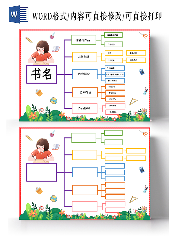 卡通背景草地文具阅读思维导图卡通小报手抄报