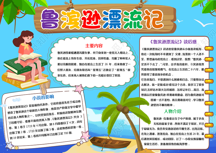 蓝色卡通鲁滨逊漂流记小报手抄报读书小报读书分享鲁滨逊漂流记