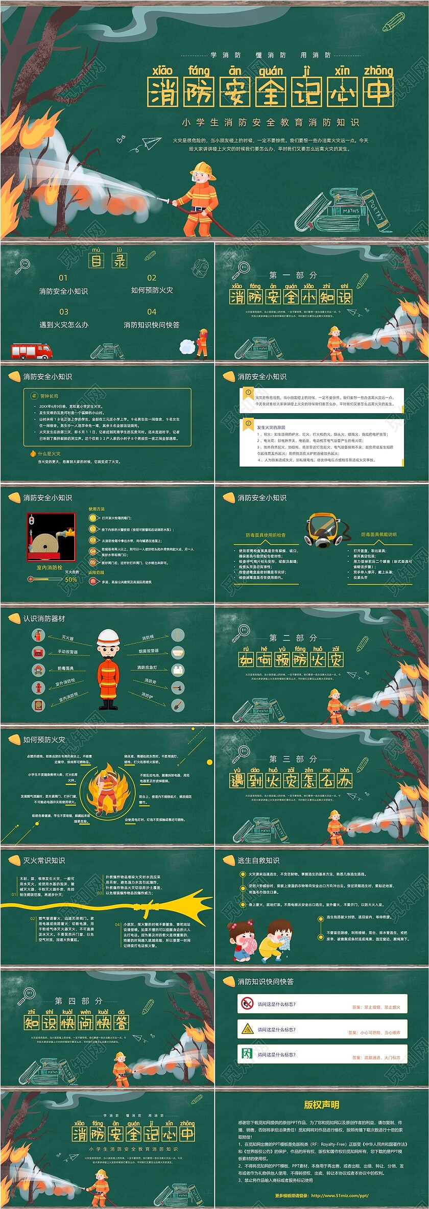 绿色黑板风卡通插画小学生消防安全教育动态PPT