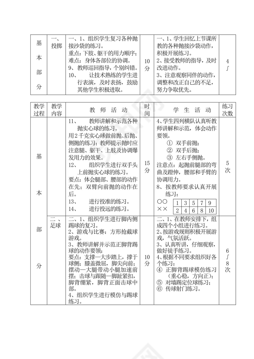 白色简洁初中体育教案运动教学教案模板