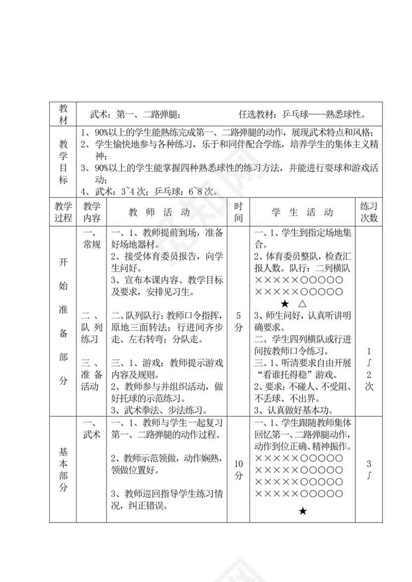 白色简洁初中体育教案运动教学教案模板