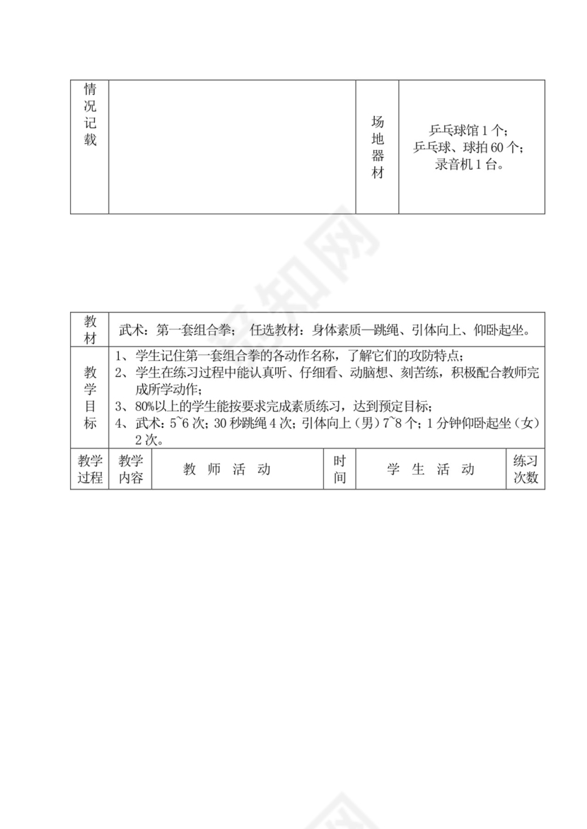 白色简洁初中体育教案运动教学教案模板