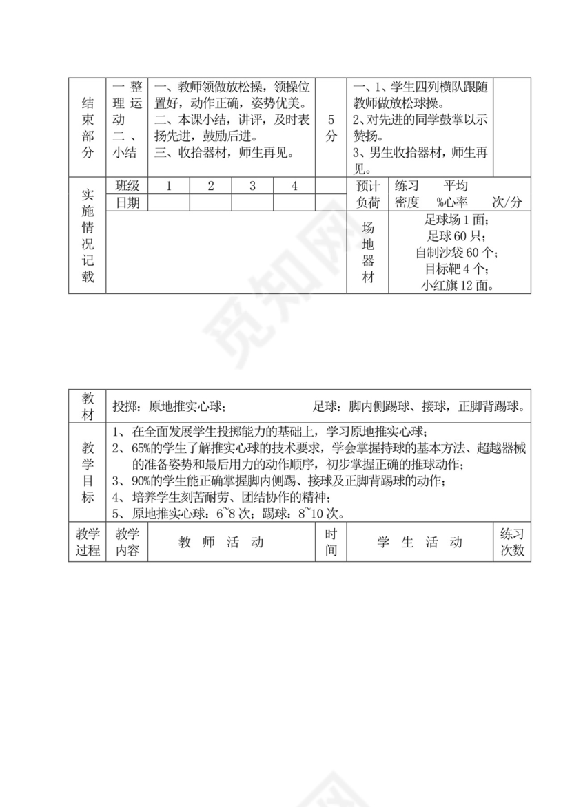 白色简洁初中体育教案运动教学教案模板