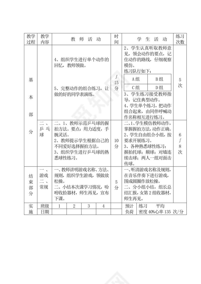 白色简洁初中体育教案运动教学教案模板