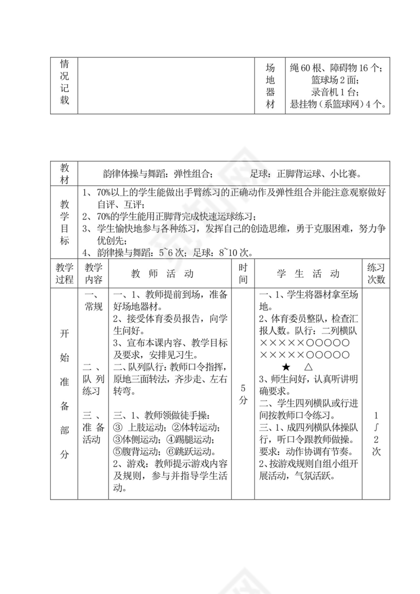 白色简洁初中体育教案运动教学教案模板