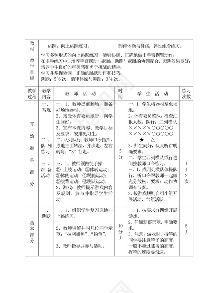 白色简洁初中体育教案运动教学教案模板