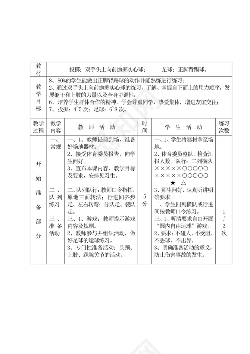 白色简洁初中体育教案运动教学教案模板