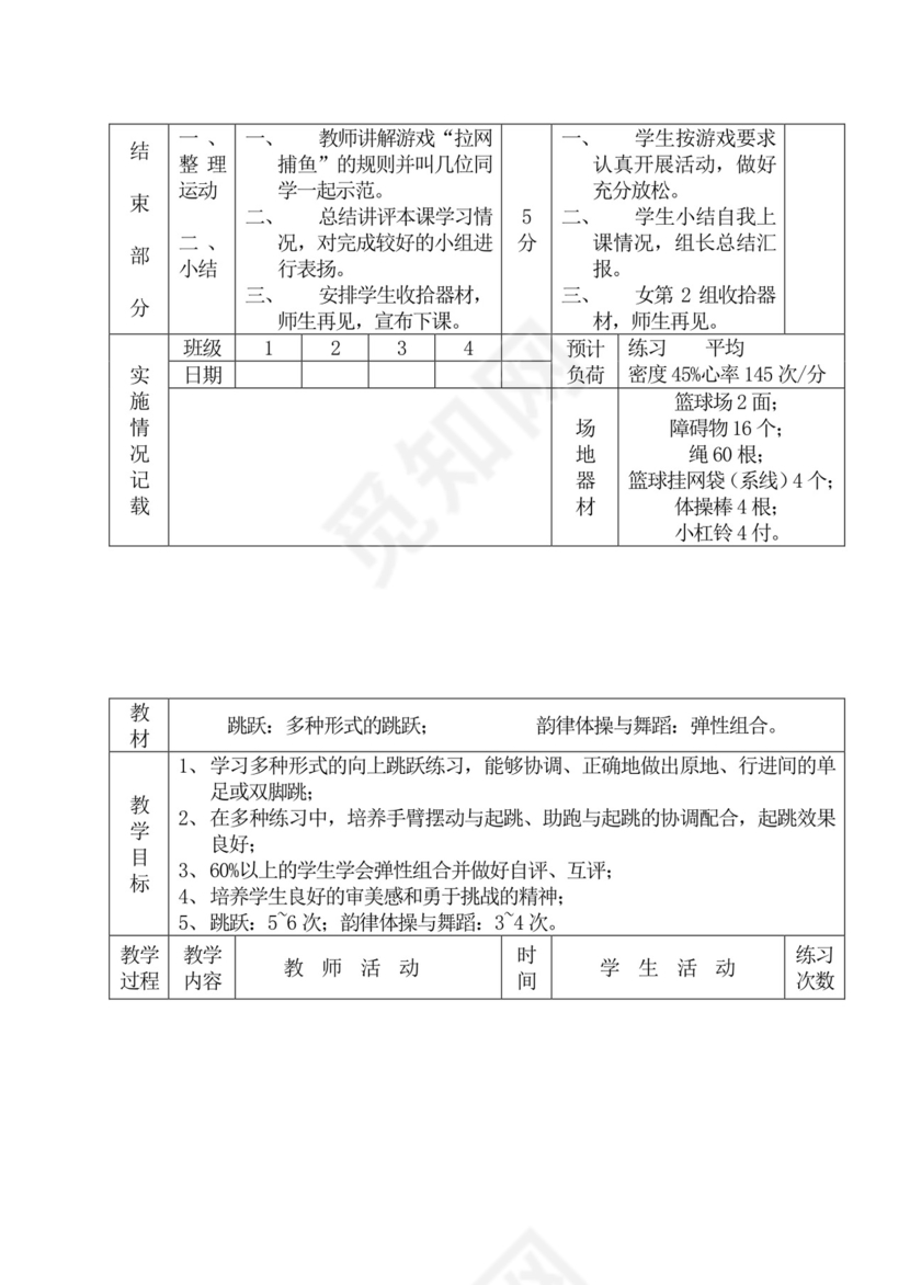 白色简洁初中体育教案运动教学教案模板