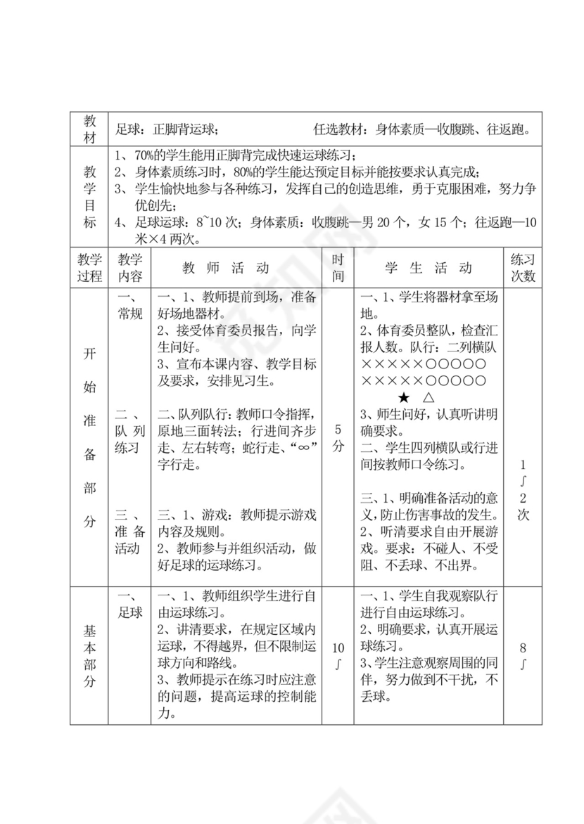 白色简洁初中体育教案运动教学教案模板
