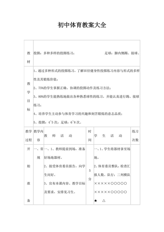 白色简洁初中体育教案运动教学教案模板