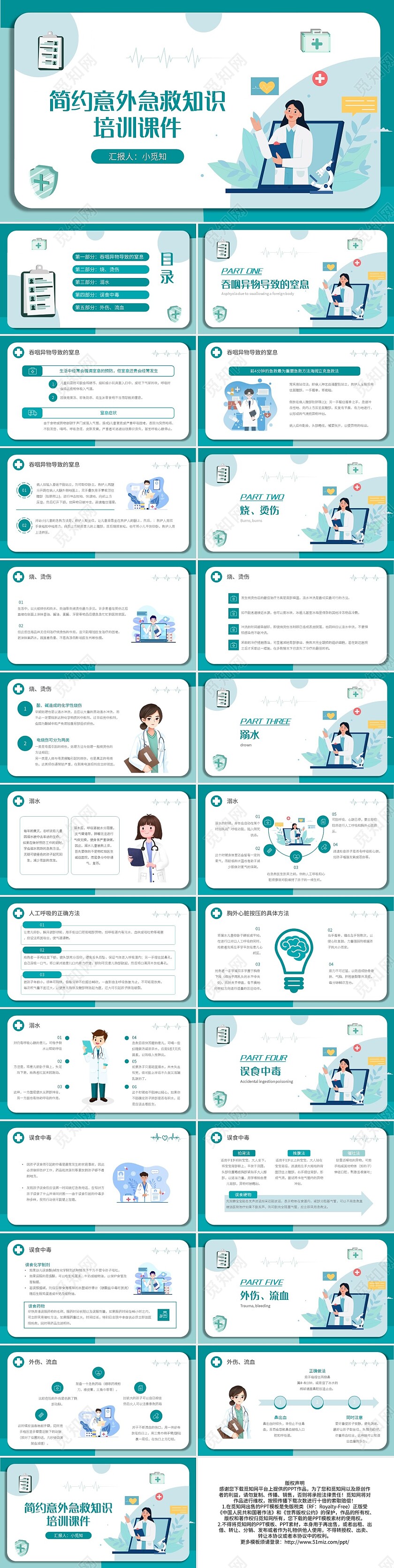 绿色简约简约意外急救知识培训课件PPT模板宣传PPT动态PP