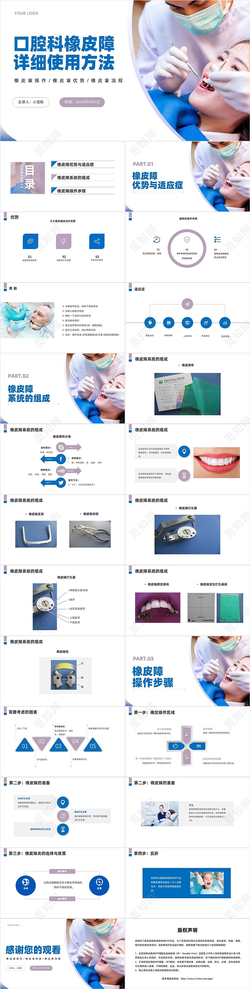 蓝色商务风格口腔橡皮障使用方法PPT工作培训PPT口腔科橡皮障详细使用方法
