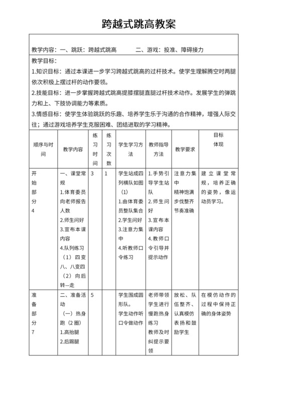 体育教案白色简约跨越式跳高教案