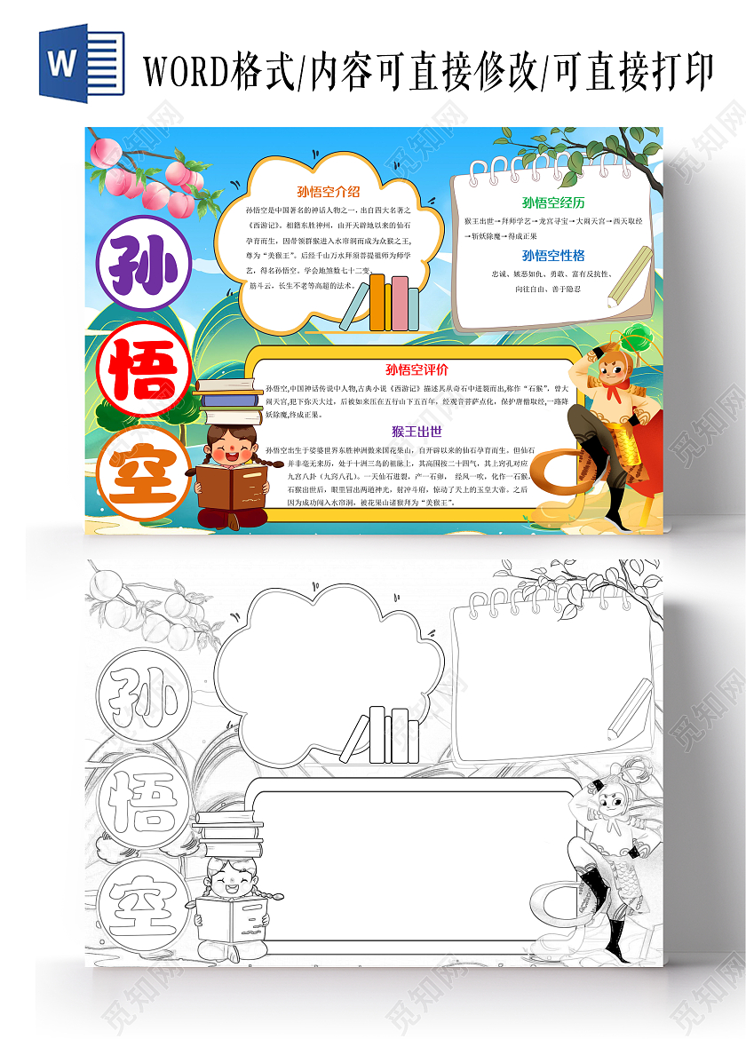 蓝绿色卡通孙悟空小报手抄报西游记孙悟空人物介绍