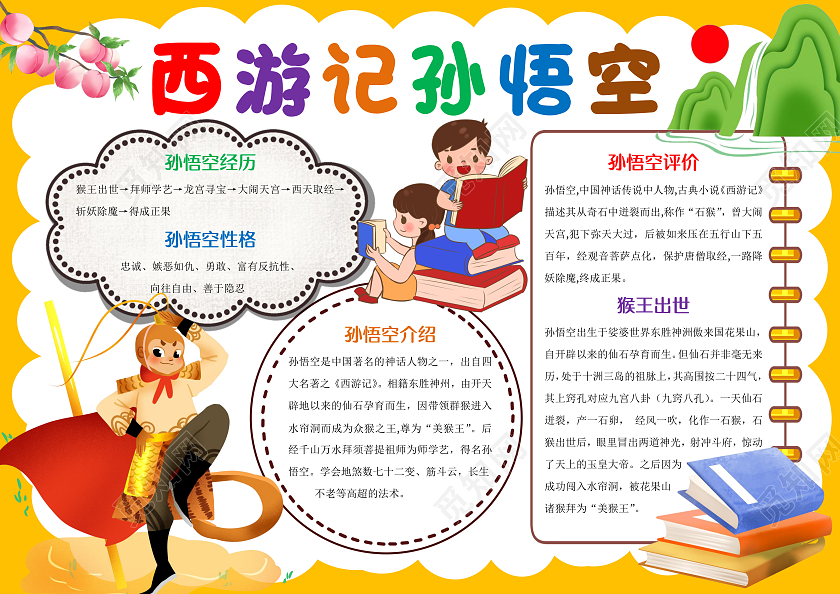 黄色卡通西游记孙悟空小报手抄报西游记孙悟空人物介绍