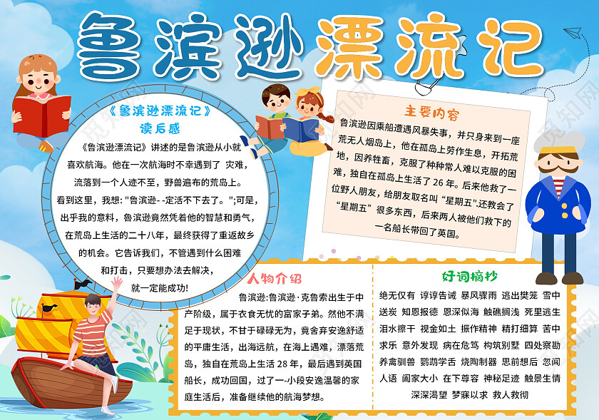 蓝色卡通鲁滨逊漂流记读书分享鲁滨逊漂流记小报手抄报卡通小报
