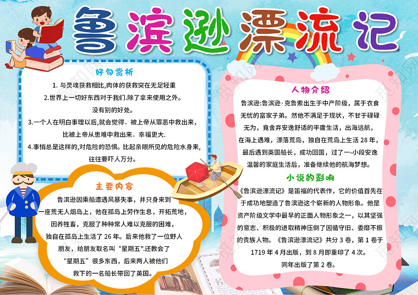 蓝色卡通鲁滨逊漂流记读书分享鲁滨逊漂流记小报手抄报卡通小报