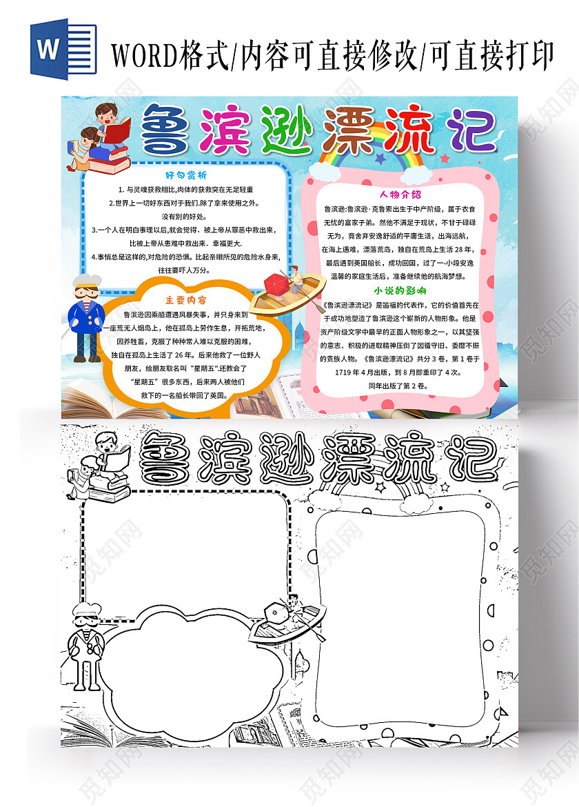 蓝色卡通鲁滨逊漂流记读书分享鲁滨逊漂流记小报手抄报卡通小报