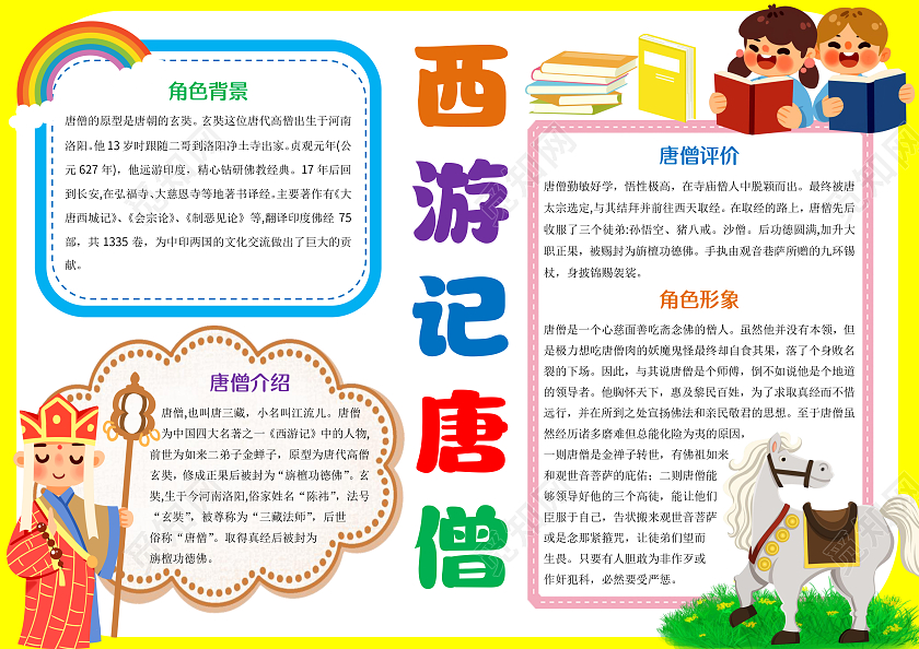 黄色卡通西游记唐僧小报手抄报西游记唐僧人物介绍