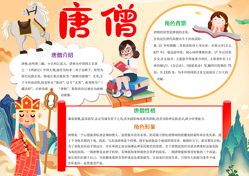 黄色卡通唐僧小报手抄报读书小报西游记唐僧人物介绍