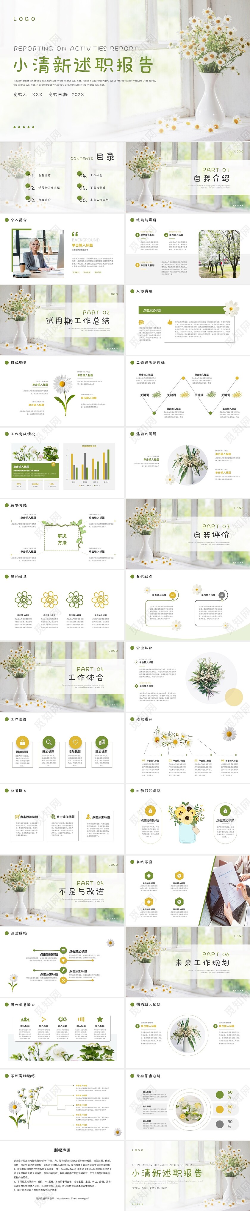 绿色黄色简约小清新新员工转正述职报告PPT模板