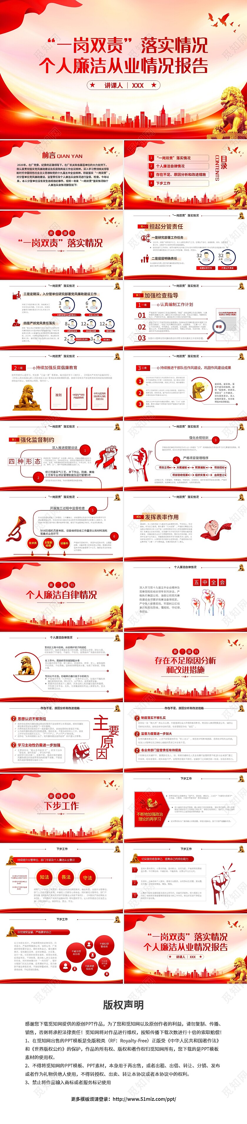 红色简约一岗双责落实情况个人廉洁从业情况报告PPT模板宣