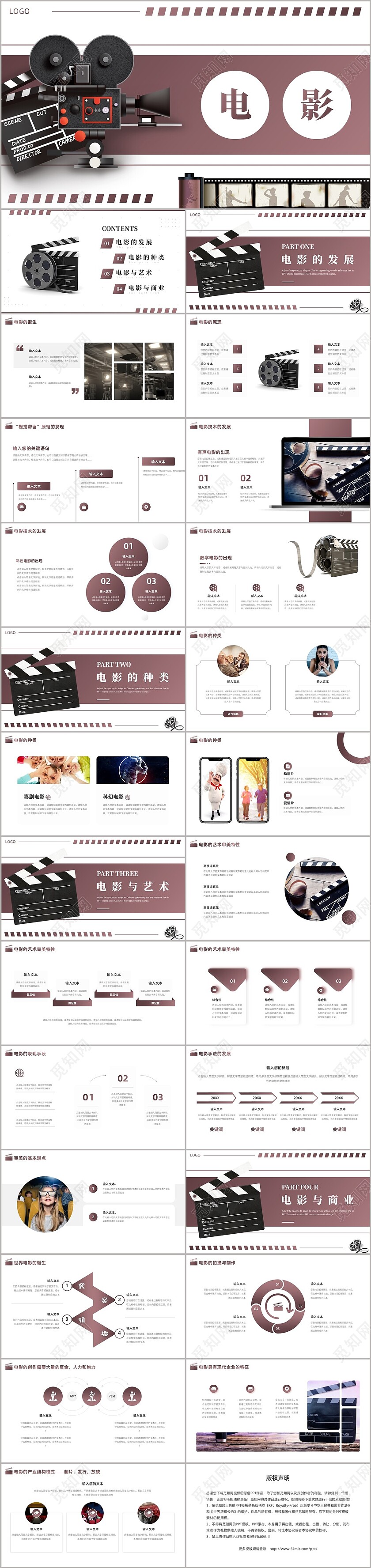 棕色简约电影发展介绍PPT模板