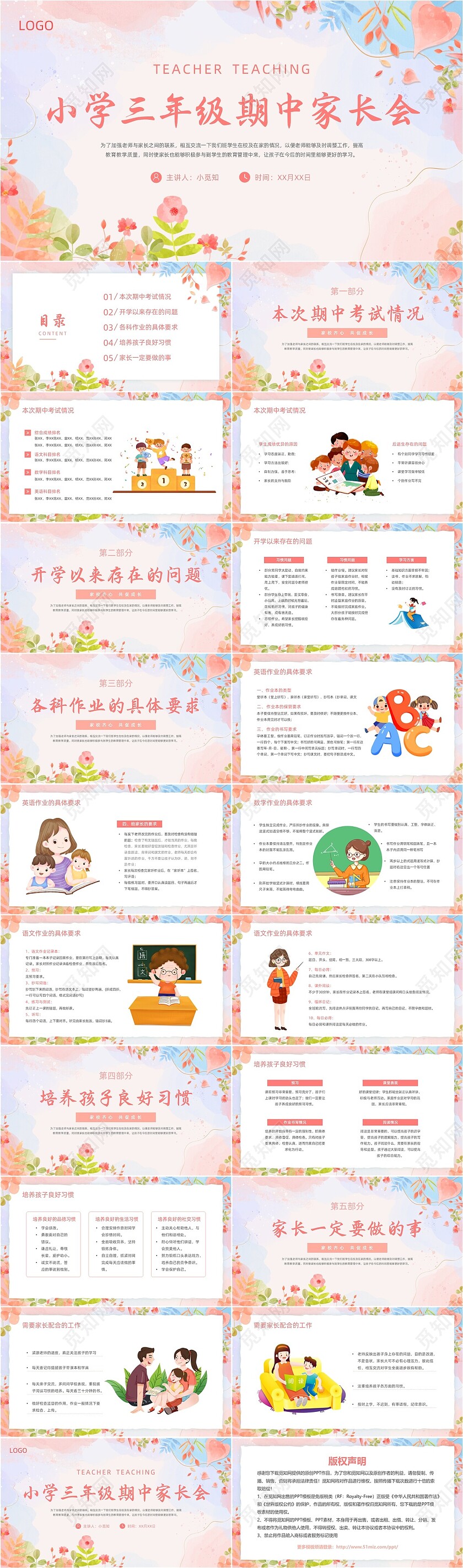 粉色水彩清新花卉三年级期中家长会动态PPT小学三年级期中家长会