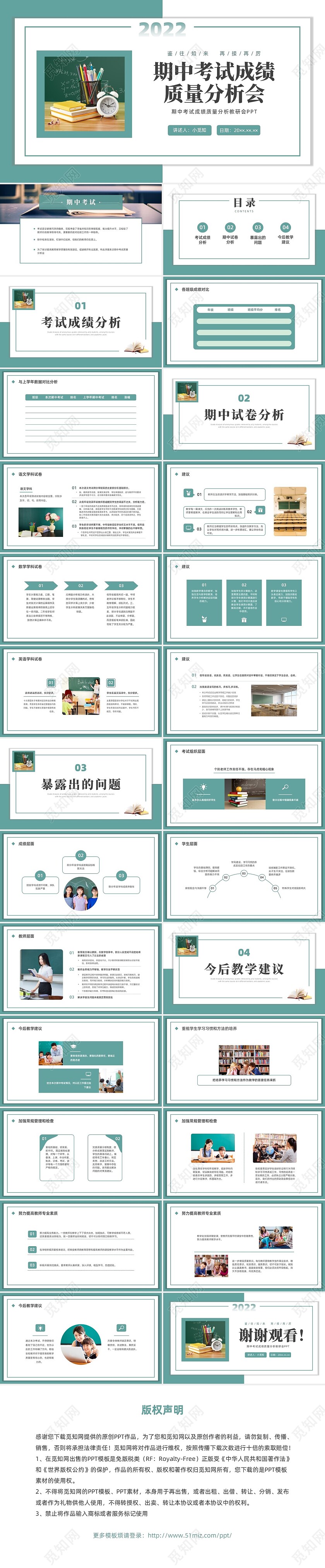 绿色水彩简约商务期中考试成绩质量分析教研会PPT