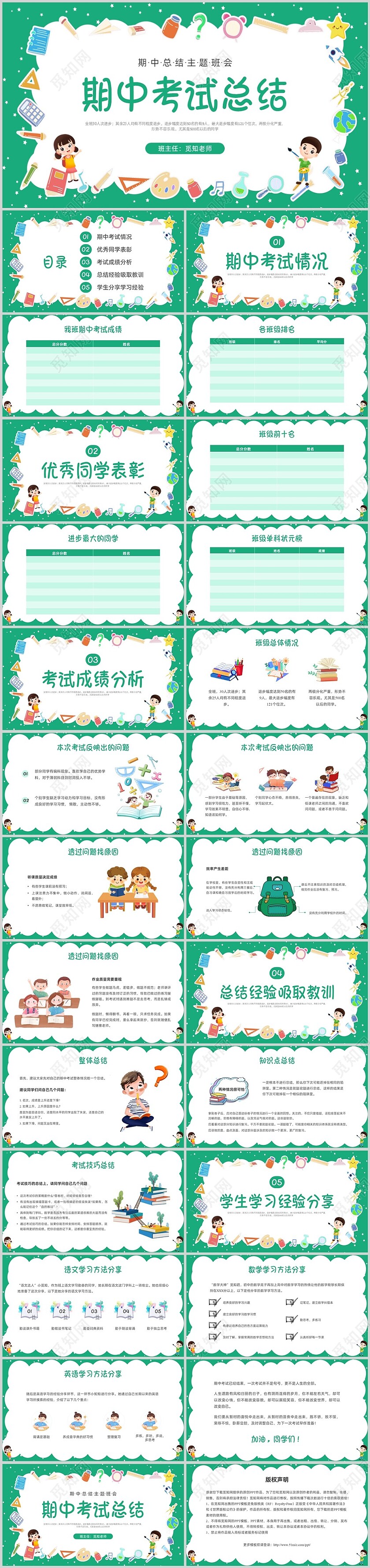 绿色卡通期中考试总结PPT课件期中总结