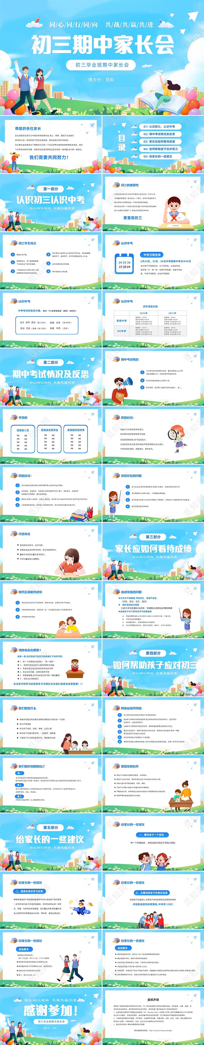 蓝色清新蓝天卡通儿童初三毕业班期中家长会PPT