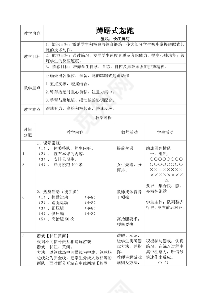 白色简洁蹲踞式起跑教案体育教案运动教学教案模板