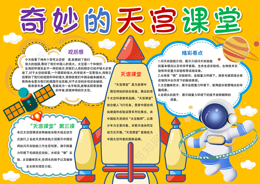 手绘风格奇妙的天宫课堂小报手抄报航天小报手抄报