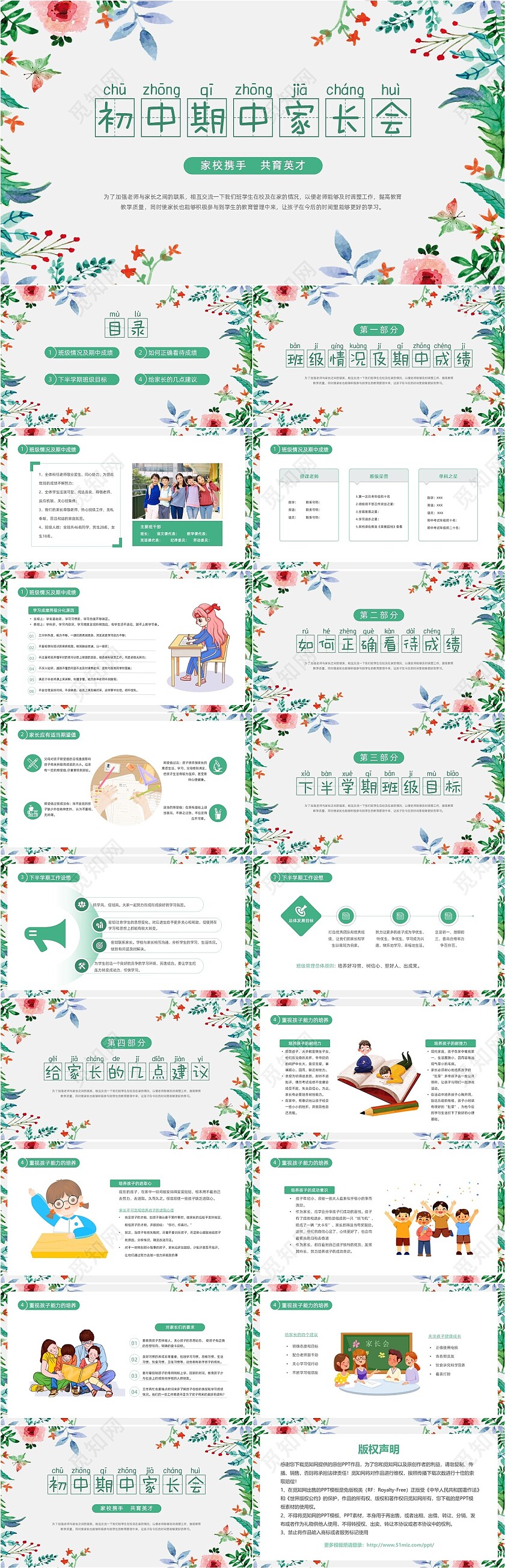 绿色清新手绘花卉初中期中考试动态PPT初中期中家长会