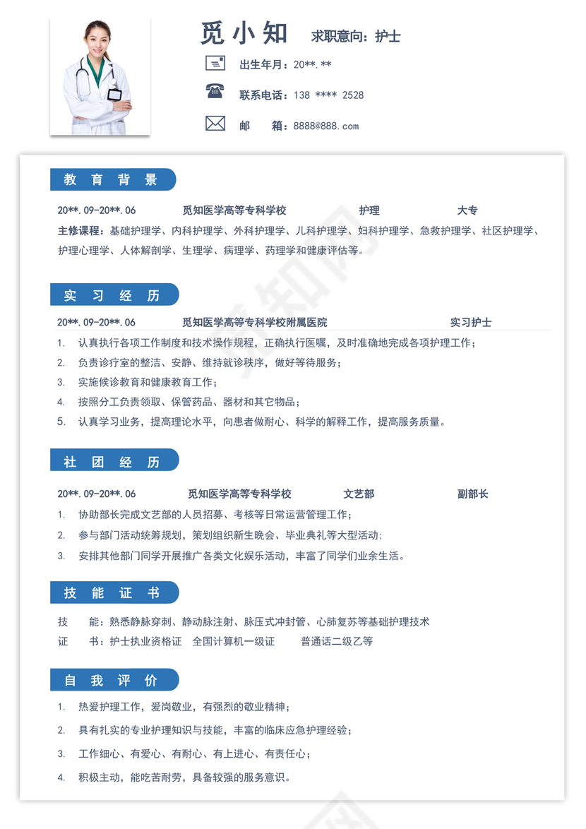蓝色简约医学生求职简历医生个人求职简历模板