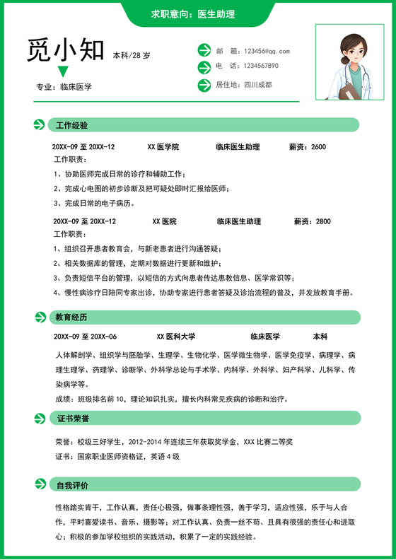 绿色简约医学生求职简历医生个人求职简历模板