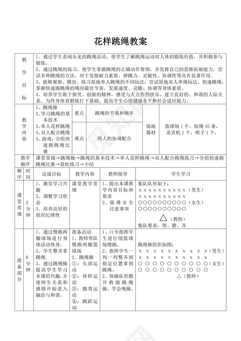 体育教案白色简洁跳绳教案体育运动教学教案模板
