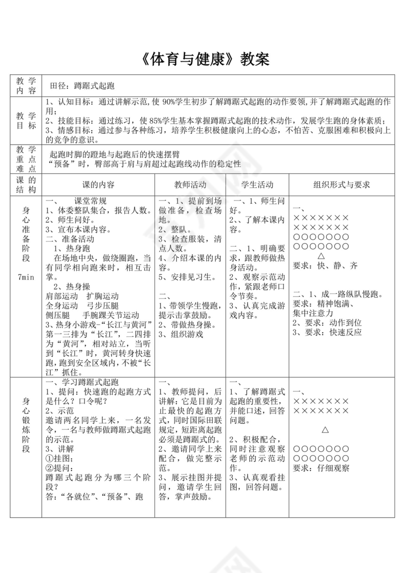 体育教案白色简洁蹲踞式起跑教案体育运动教学教案模板