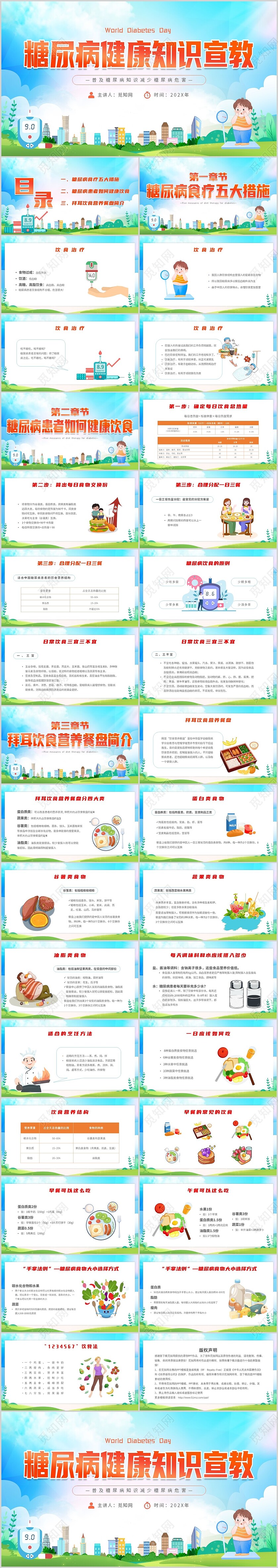 小清新卡通简约糖尿病健康知识宣教糖尿病饮食主题PPT模板