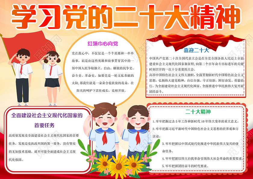 红色卡通学习党的二十大精神小报手抄报二十大报告