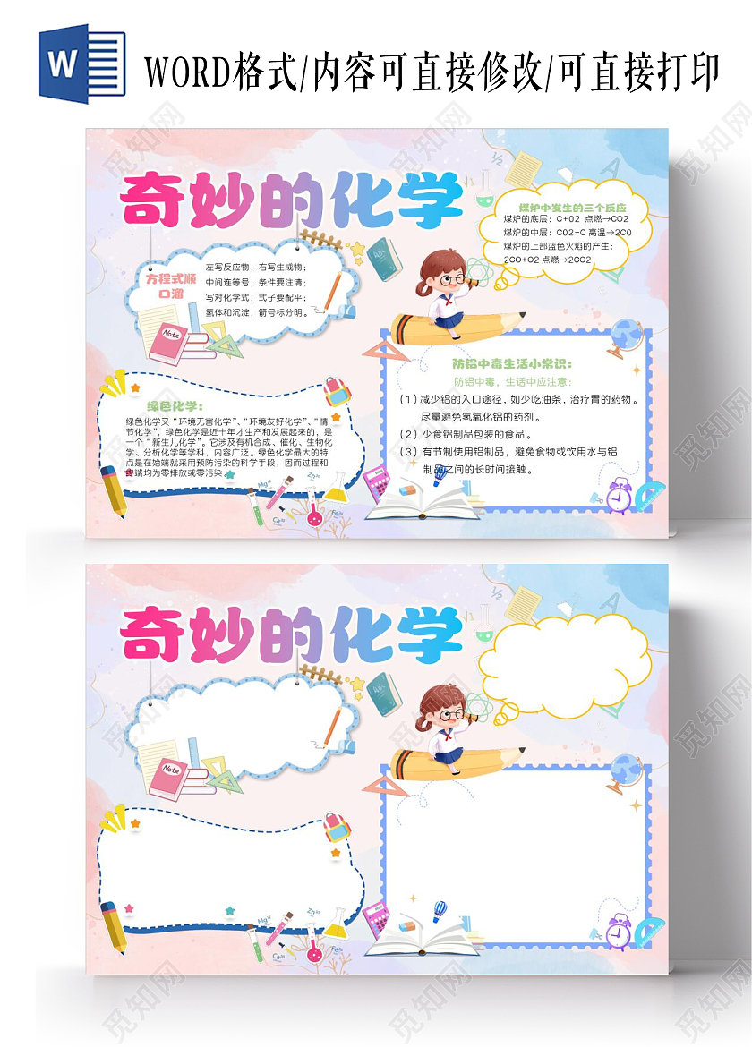 彩色卡通奇妙的化学小报手抄报