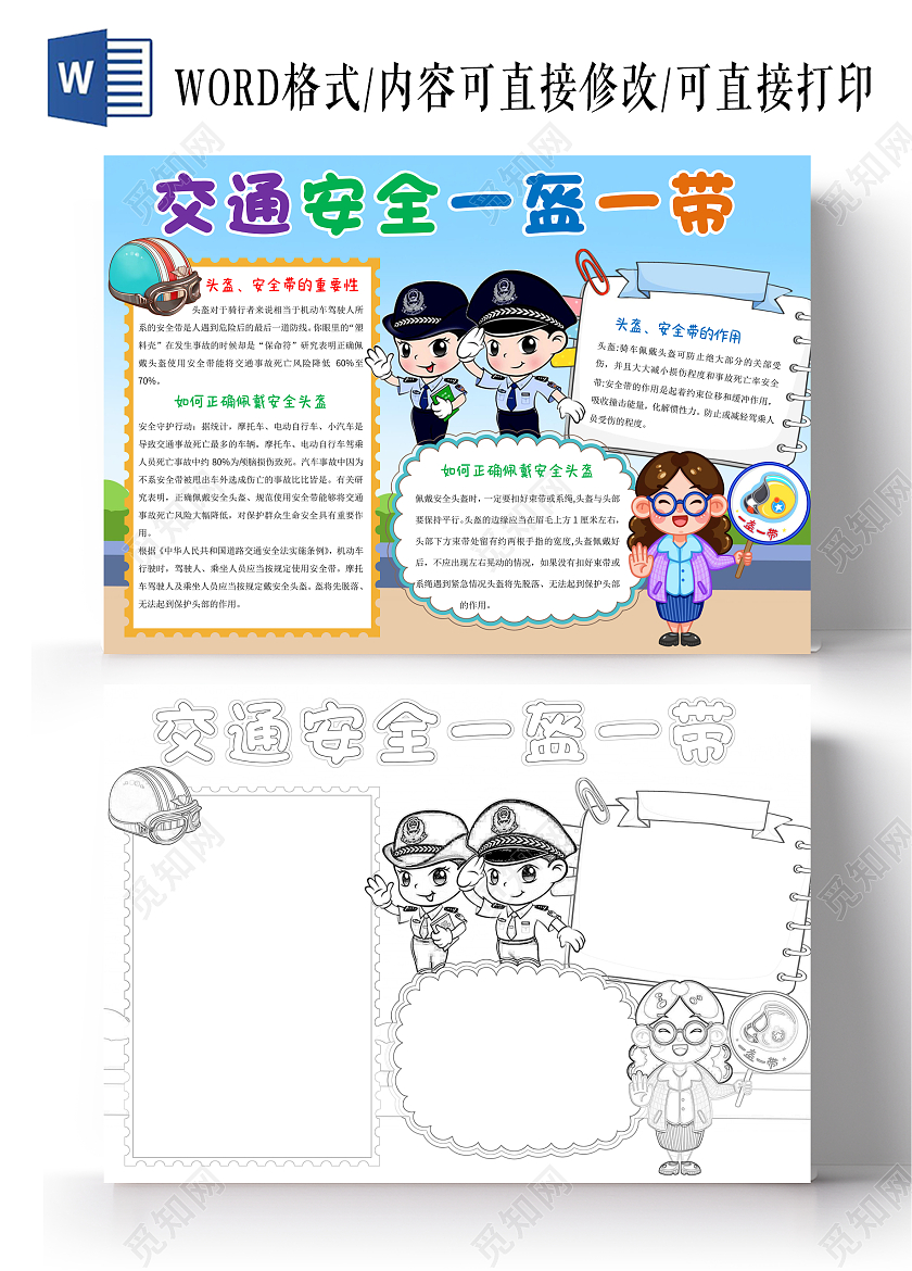 蓝色卡通交通安全一盔一带小报手抄报